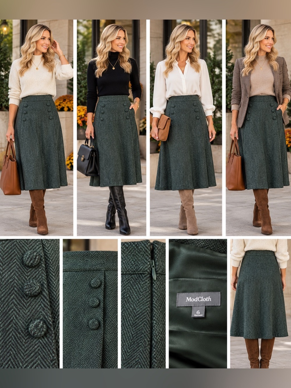 ModCloth Timeless Element Green Herringbone Wool Blend High Waist Skirt Sz 6